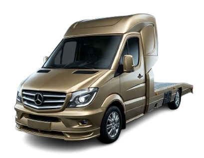 Złoty samochód dostawczy Mercedes-Benz z platformą ładunkową.